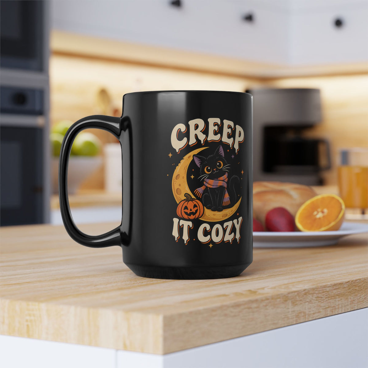 Creep It Cozy Black Mug — Halloween Cat Moon Coffee Cup (11oz & 15oz)