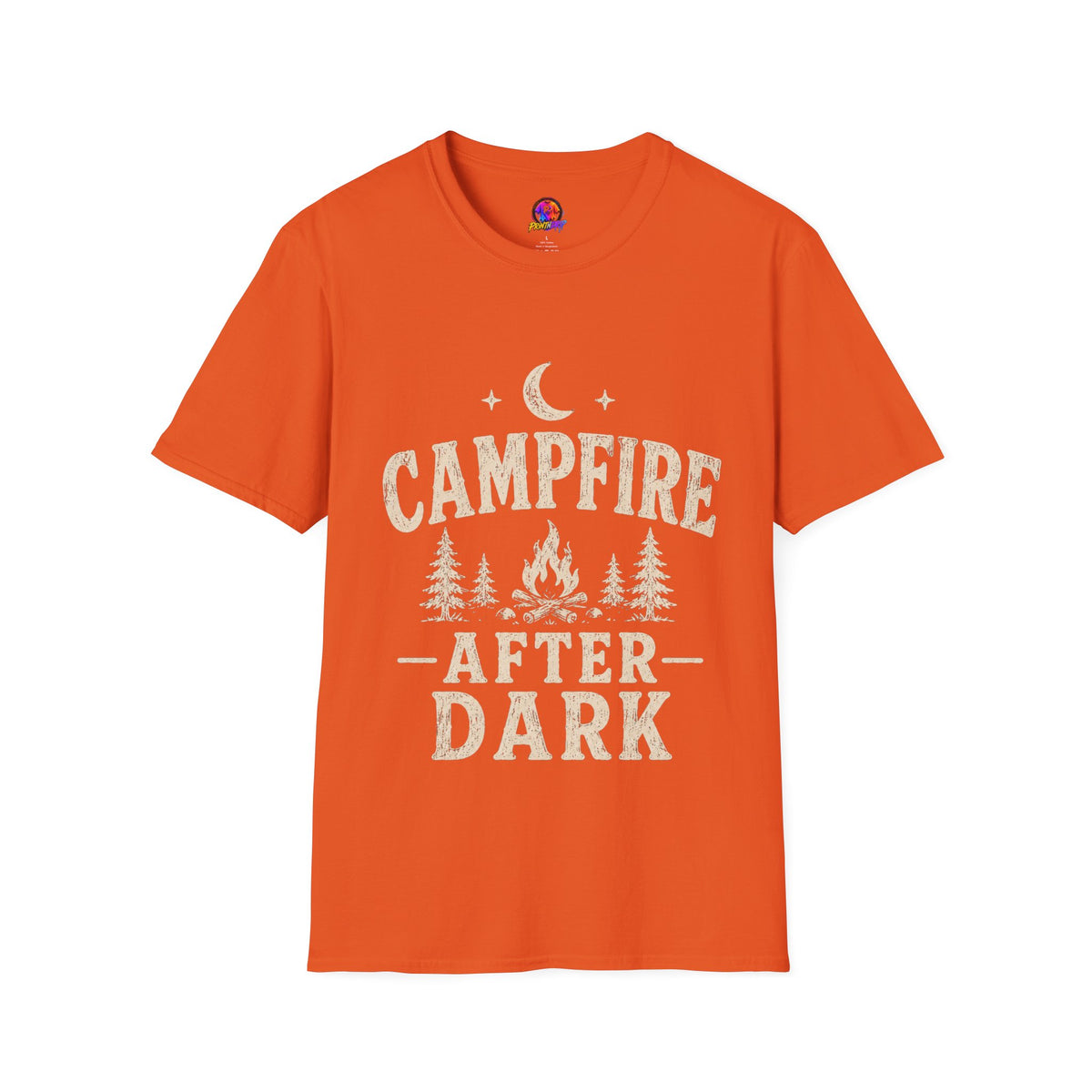 Campfire After Dark T-Shirt — Cozy Camping Moon & Trees Graphic