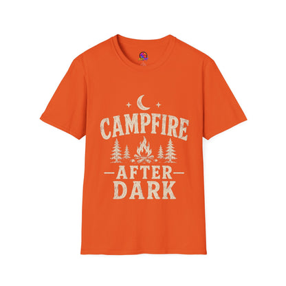 Campfire After Dark T-Shirt — Cozy Camping Moon & Trees Graphic