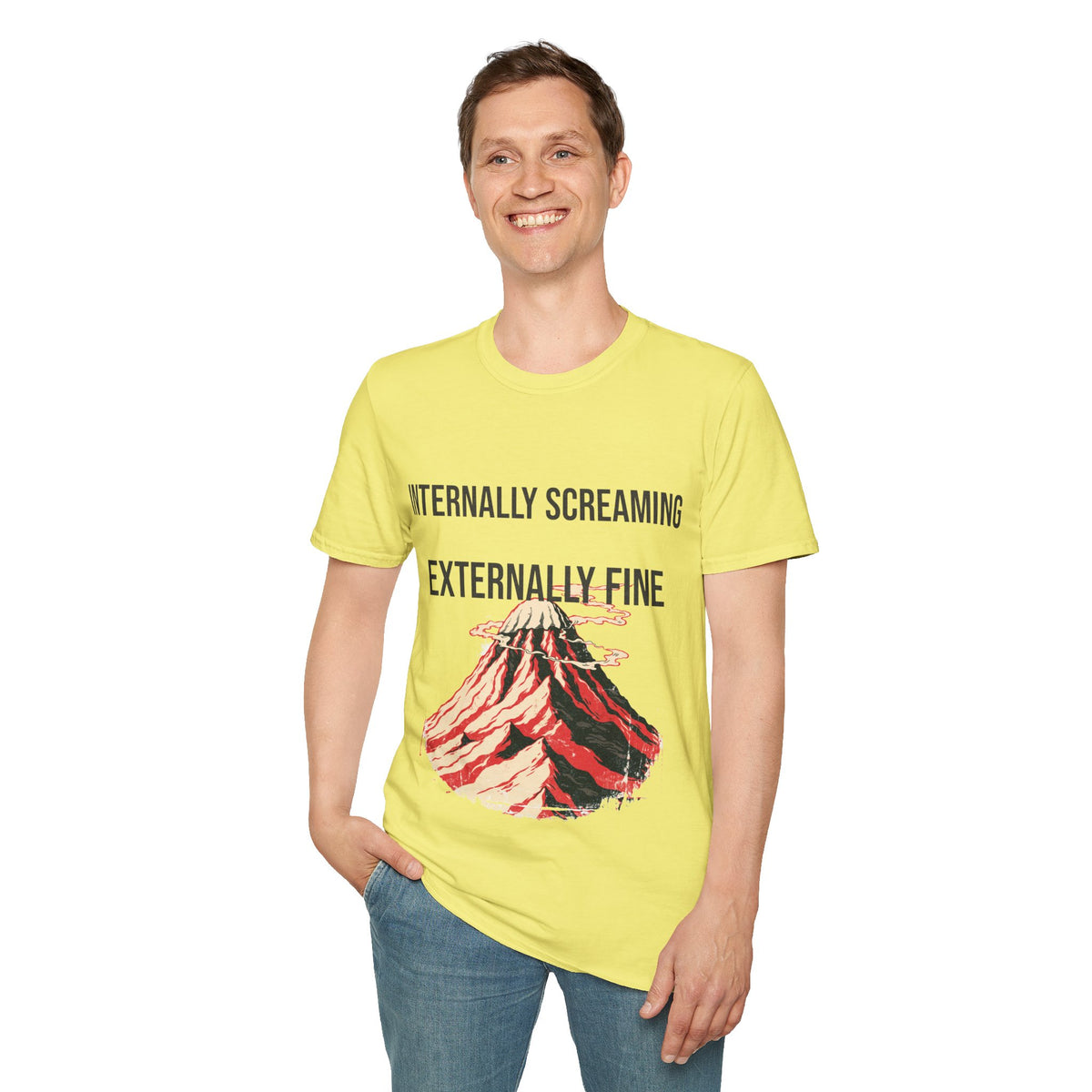 "Internally Screaming Externally Fine" Melting Volcano Tee - Funny Relatable Aesthetic White T-Shirt - Trending Now - September 2026