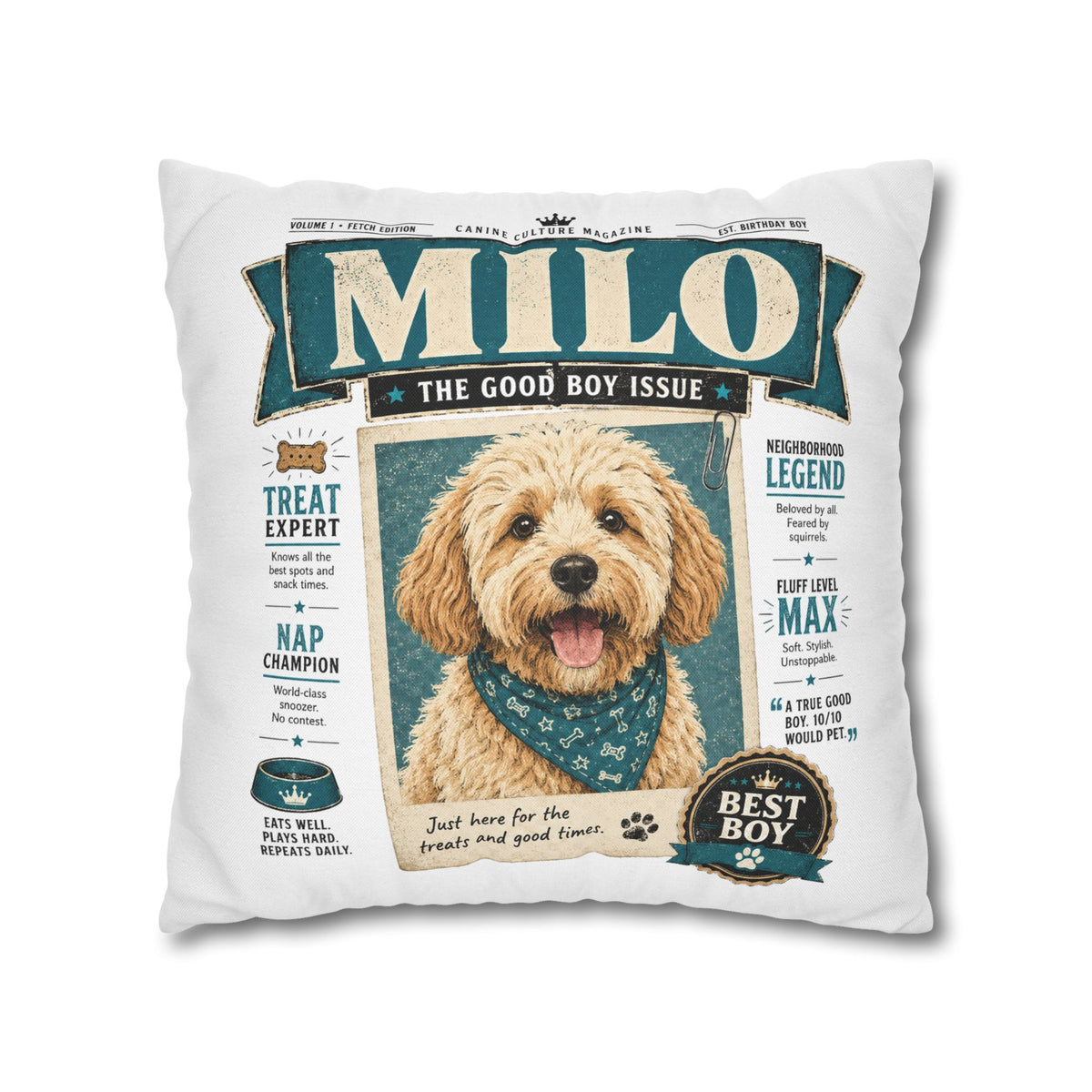 Personalized Dog Pillowcase — "Milo: The Good Boy Issue" Decorative Throw Pillowcase Milo Bailey Dog Dad Mom