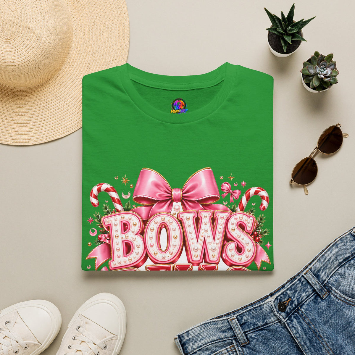 Bows Bells Bliss Christmas T‑Shirt — Pink Holiday Bow Graphic
