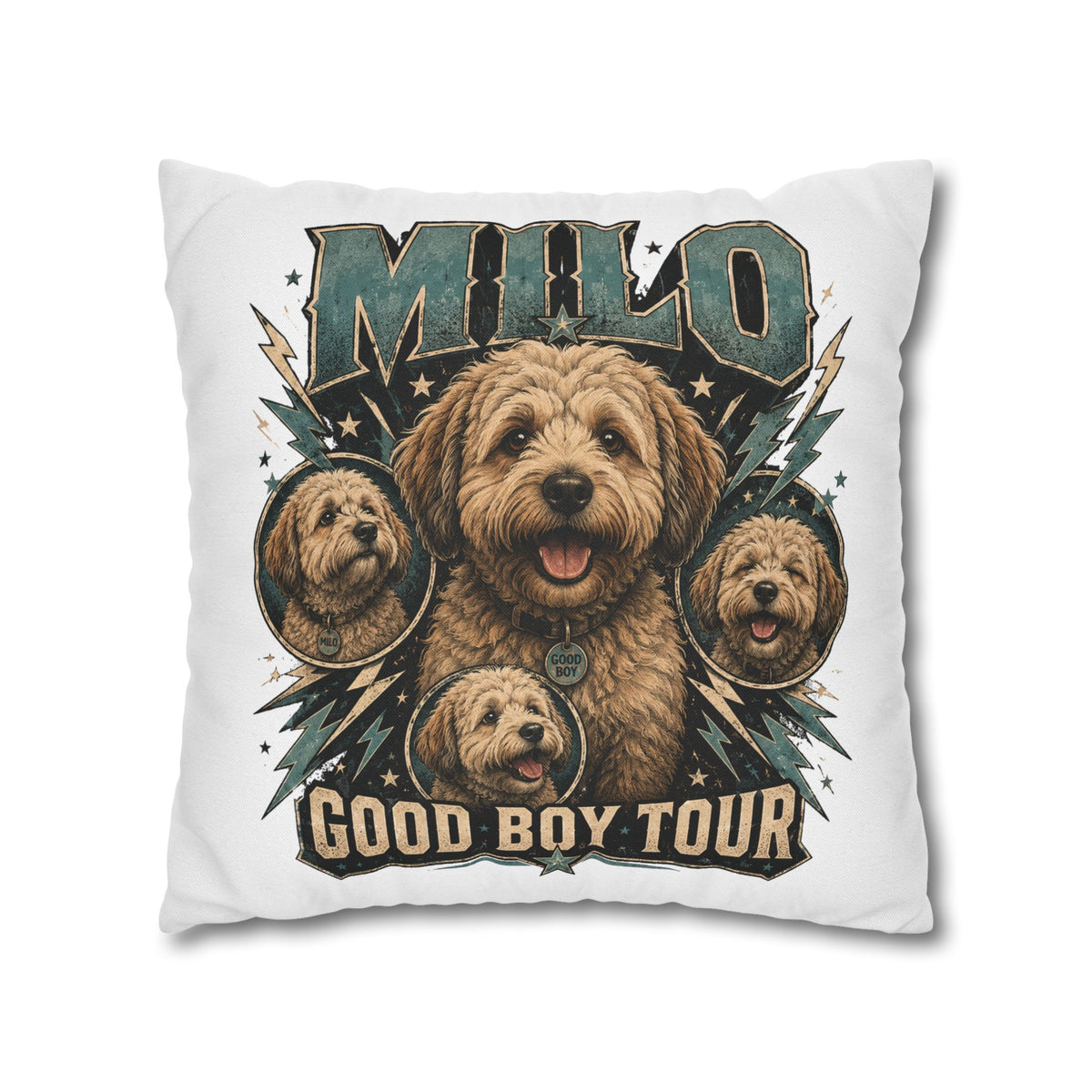 Milo "Good Boy Tour" Decorative Pillowcase — Cute Dog Portrait Square Throw Pillowcase Milo Bailey Dog Dad Mom
