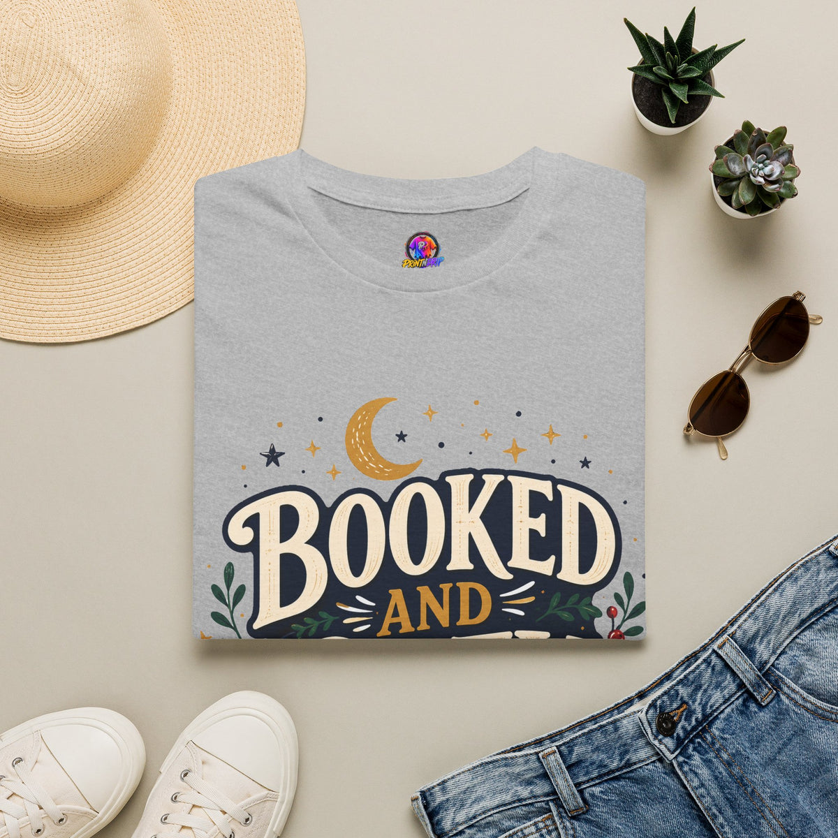 Booked and Cozy T-Shirt — Cozy Reading Graphic Tee (Books, Moon & Stars)