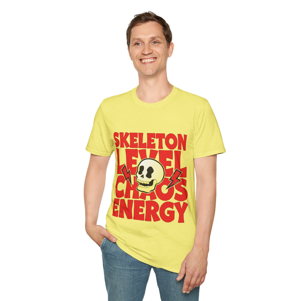 Skeleton Level Chaos Energy Red Block Tee - Bold Skull Lightning Graphic T-Shirt - Trending Now - September 2026