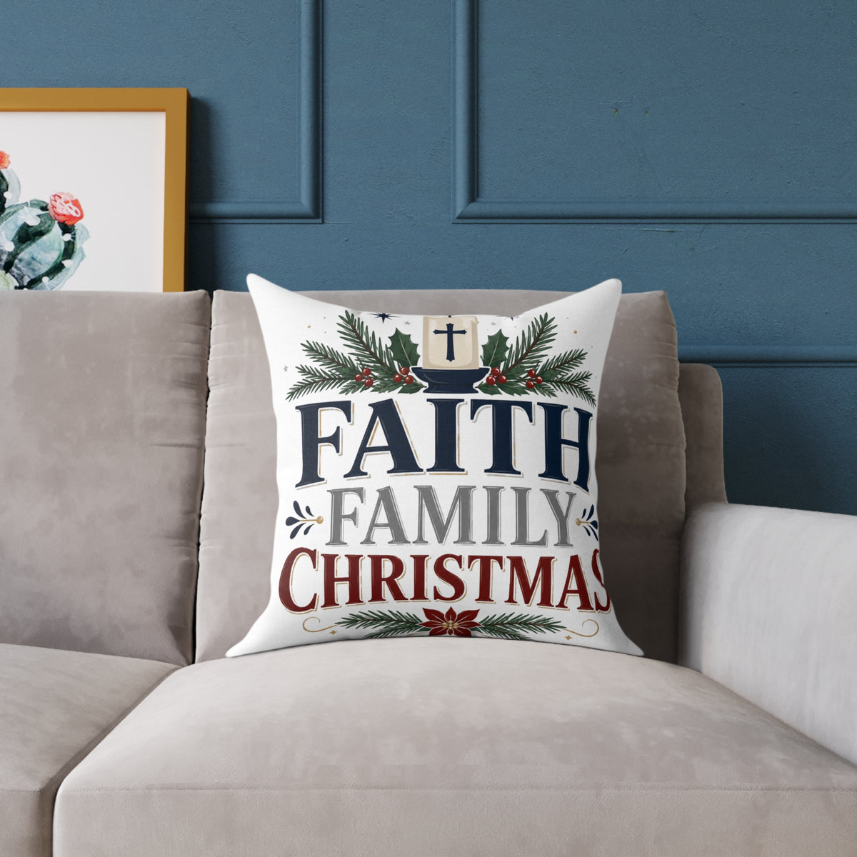 Christmas Pillow - 'Faith Family Christmas' Holiday Decorative Throw Pillow