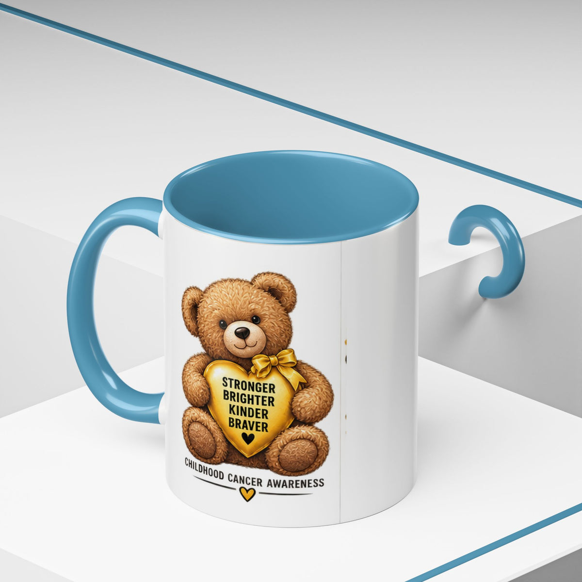 Childhood Cancer Awareness Coffee Mug — 'Stronger Brighter Kinder Braver' Teddy