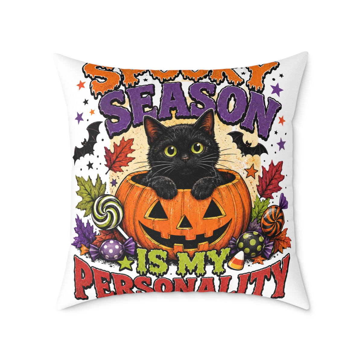 Halloween Pillow — "Season Is My Personality" Black Cat Pumpkin Decorative Throw Pillow