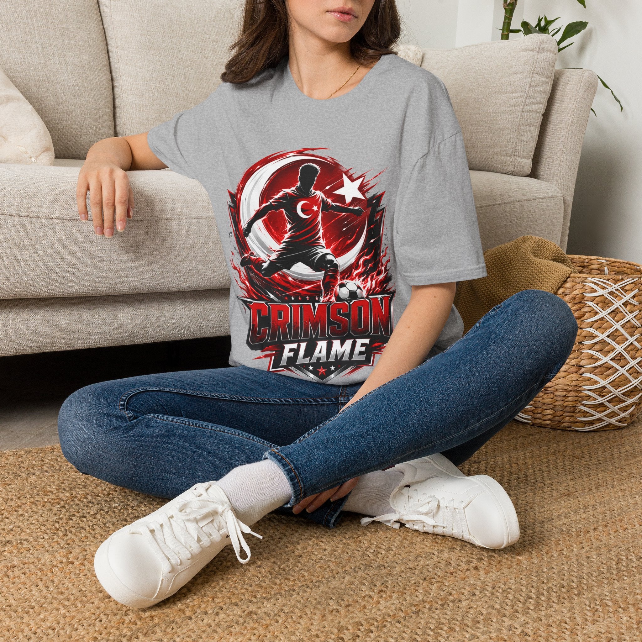 Turkey Crimson Flame Soccer T-Shirt — Turkish Crescent & Star Football Fan Tee