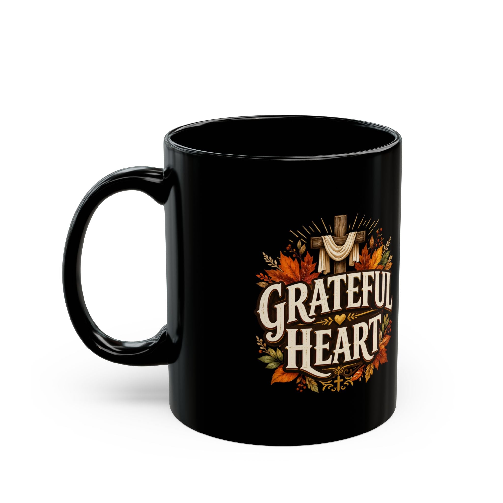Thanksgiving Black Mug Grateful Heart Black Mug – Thanksgiving Autumn Leaves Coffee Cup