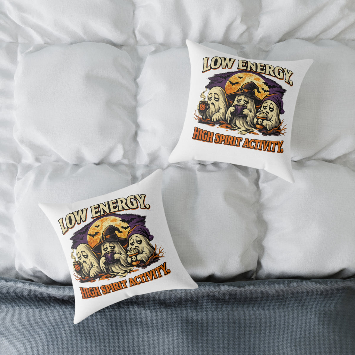 Halloween Pillow - "Low Energy, High Spirit Activity" Ghost & Witch Throw Pillow
