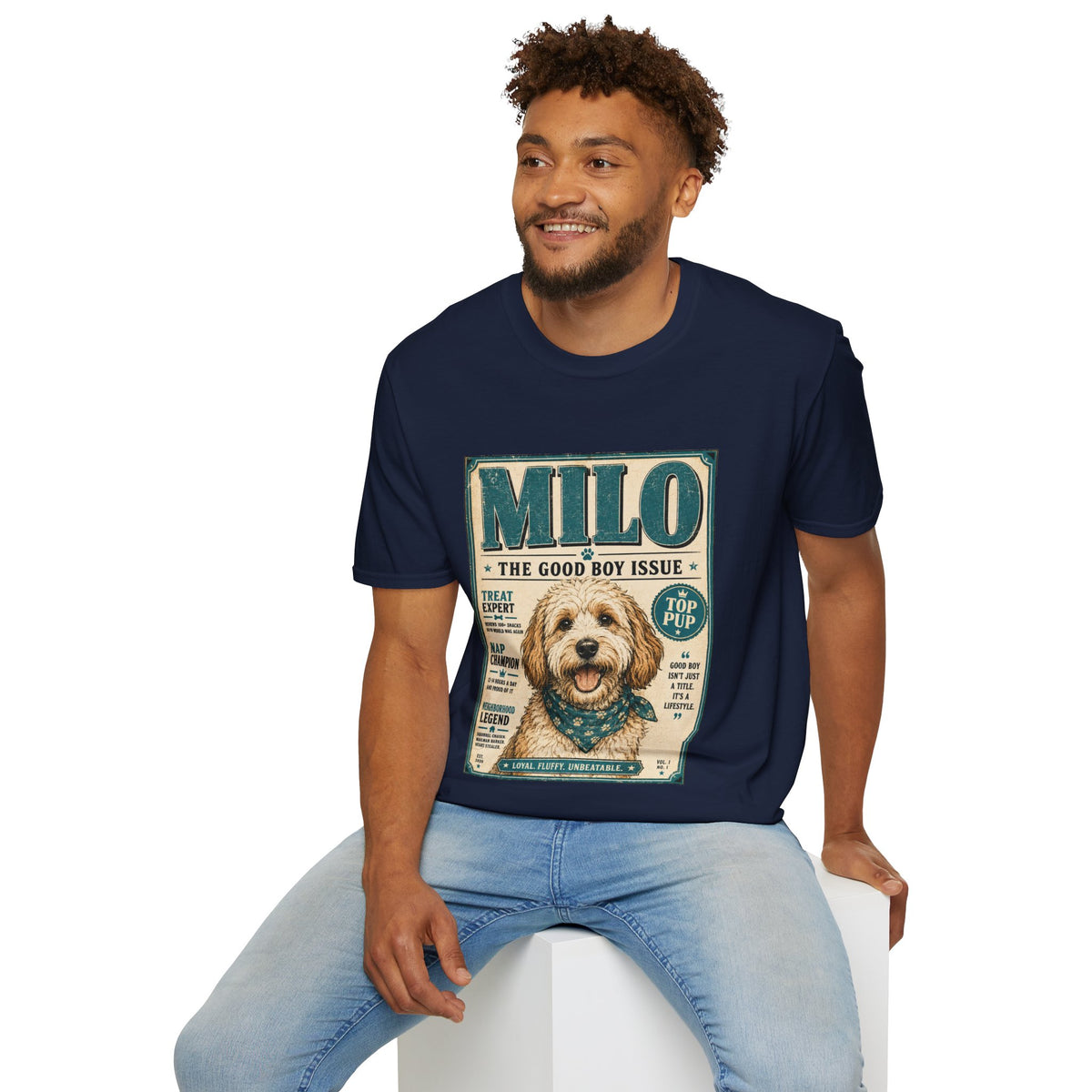 Milo 'The Good Boy Issue' Dog T‑Shirt — Vintage Puppy Magazine Design