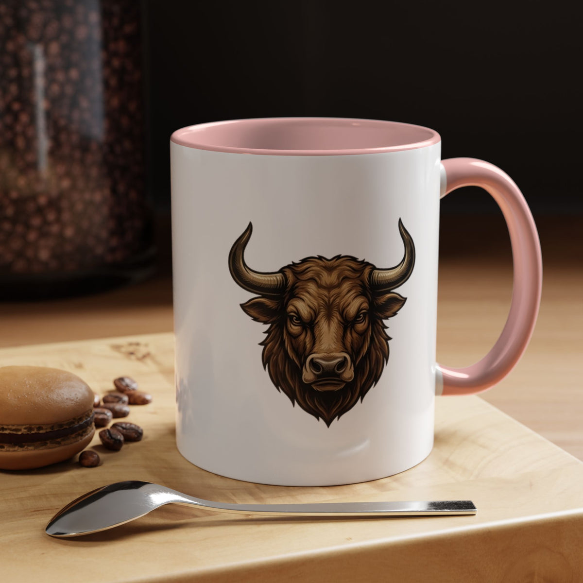 Taurus Bull Head Accent Coffee Mug — Rustic Bull Illustration Ceramic Mug