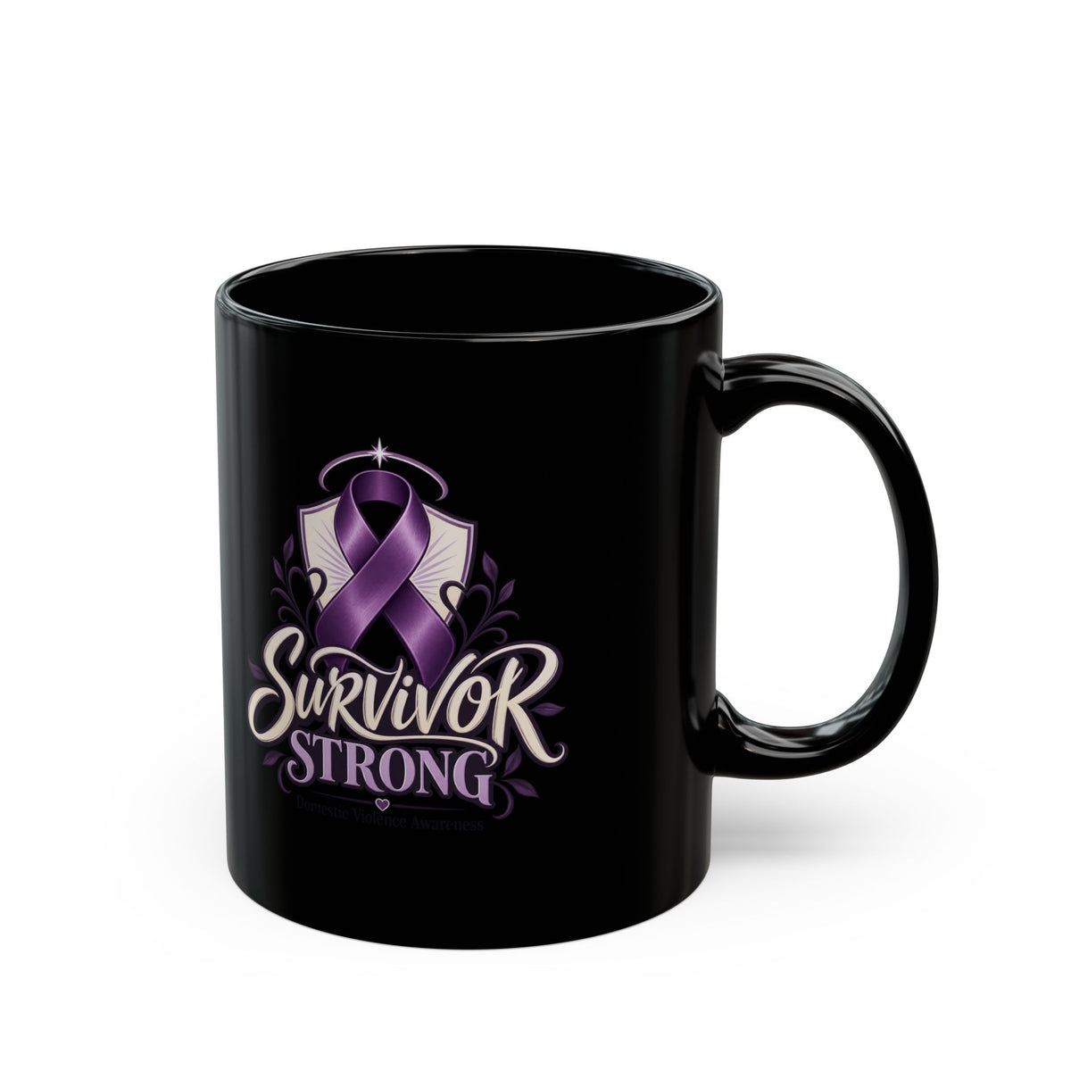 Survivor Strong Purple Ribbon Mug —Domestic Violence  Awareness Black Coffee Cup (11oz, 15oz)