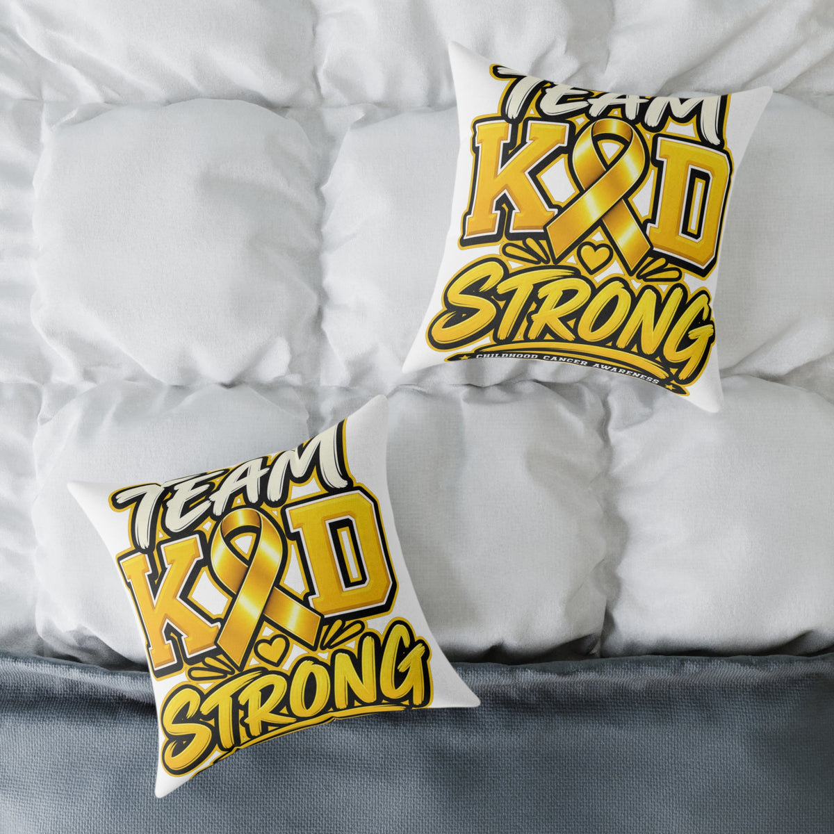 Team Kid Strong Square Throw Pillow — Childhood Cancer Awareness Ribbon Accent