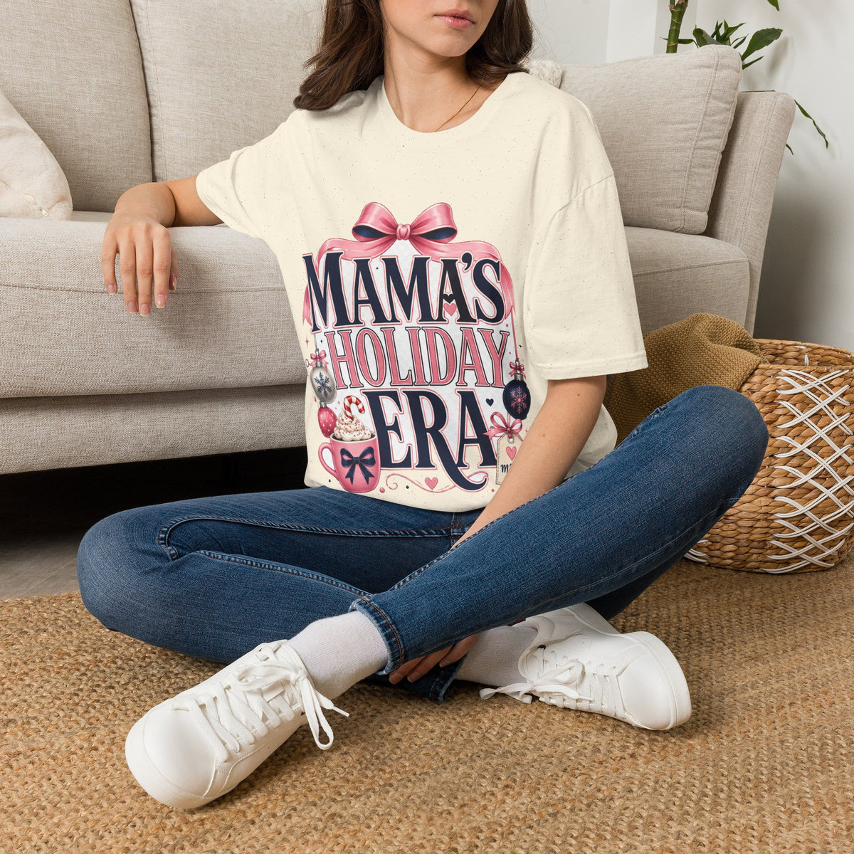 Mama's Holiday Era T-Shirt — Festive Pink Bow Christmas Tee for Moms