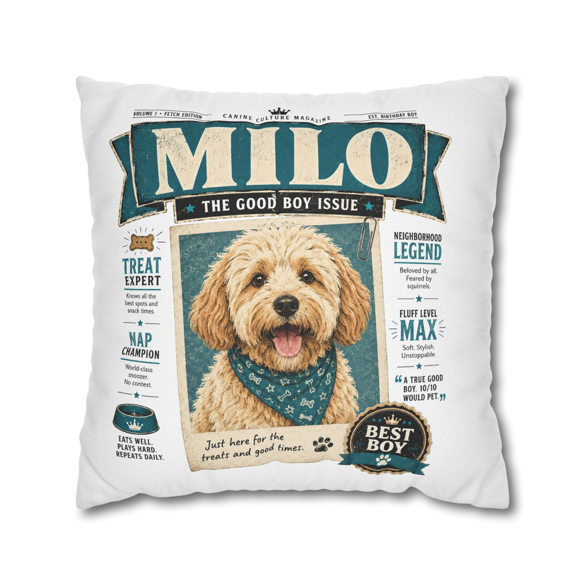 Personalized Dog Pillowcase — "Milo: The Good Boy Issue" Decorative Throw Pillowcase Milo Bailey Dog Dad Mom