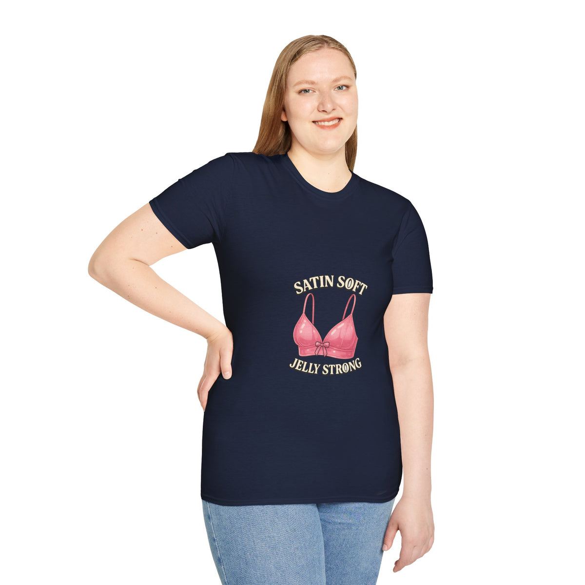 Graphic Tee — "Satin Soft Jelly Strong" Pink Bra Illustration- Trending Now - October 2026