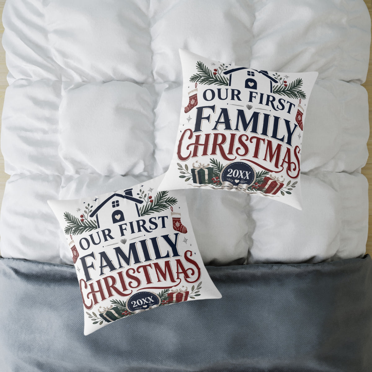 Our First Family Christmas Pillow — Personalized Holiday Decorative Throw Cushion