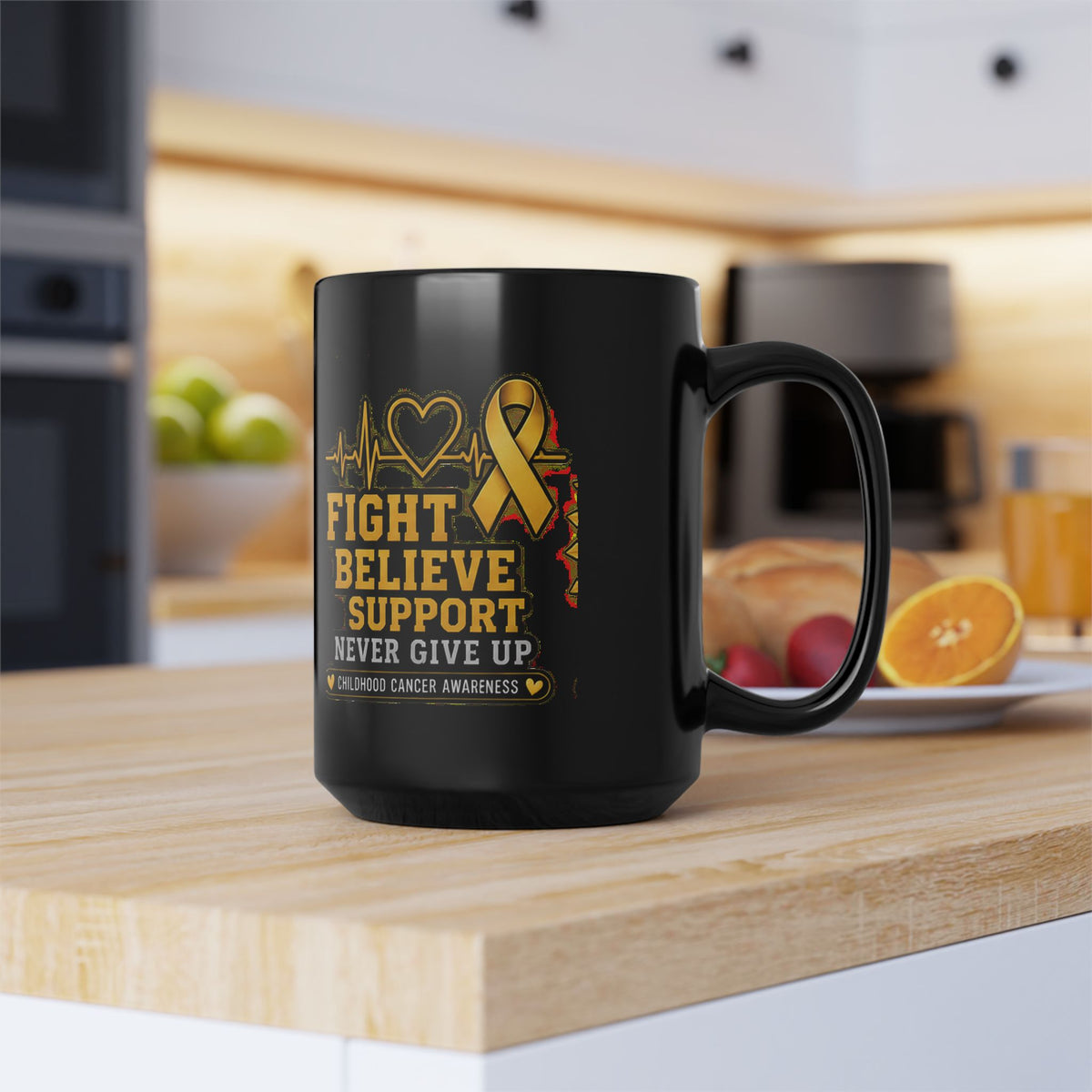 Childhood Cancer Awareness Black Mug — “Fight Believe Support Never Give Up” (11oz, 15oz)