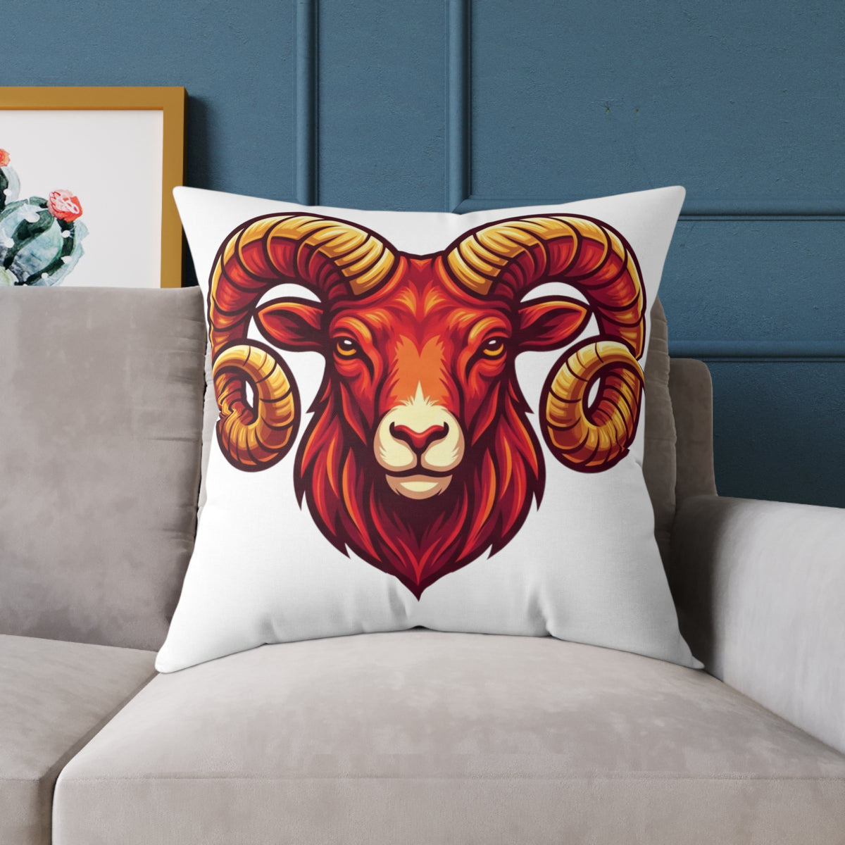 Aries Zodiac Ram Head Throw Pillow — Bold Zodiac Aries Accent Cushion