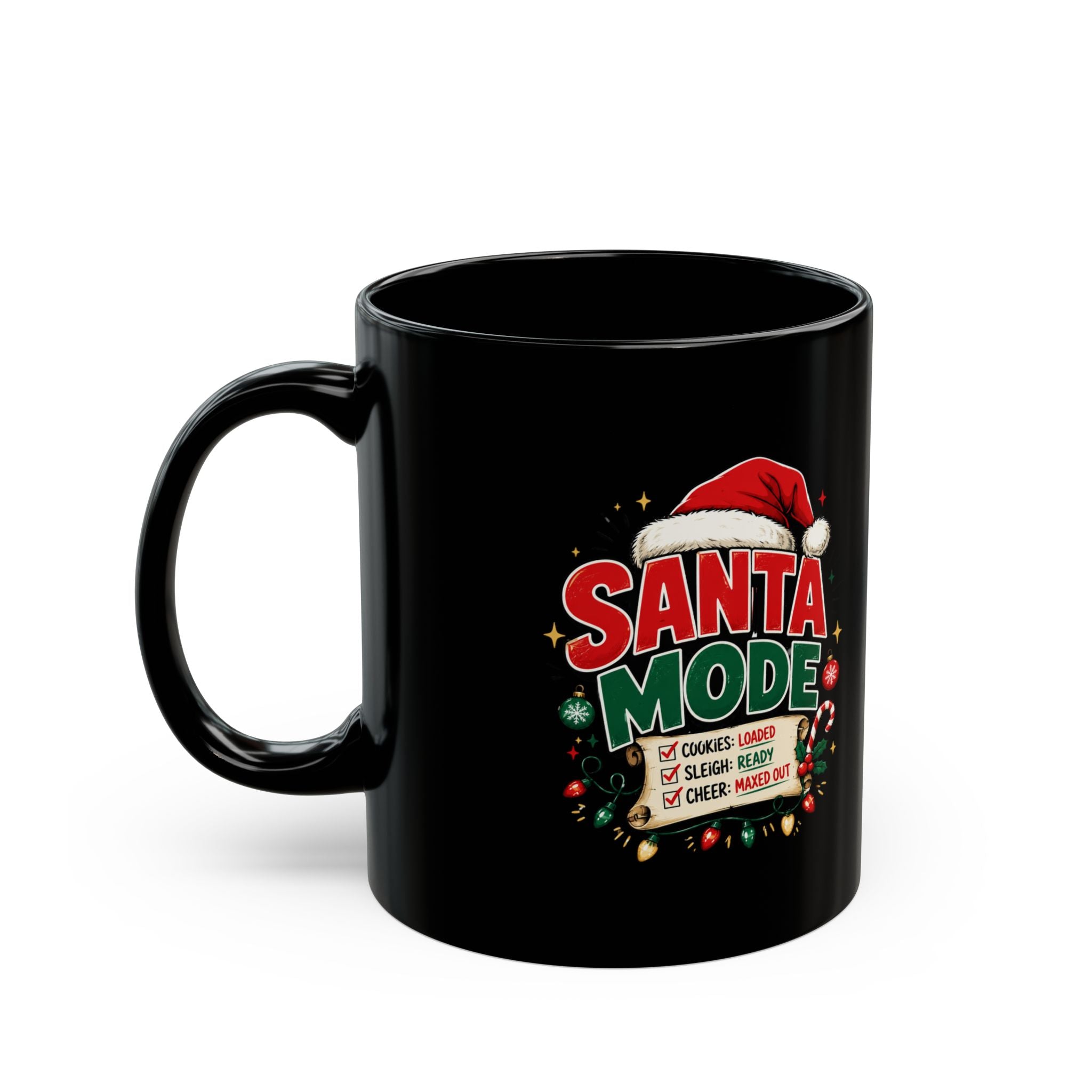 Santa Mode Christmas Mug — Festive Black Holiday Coffee Cup