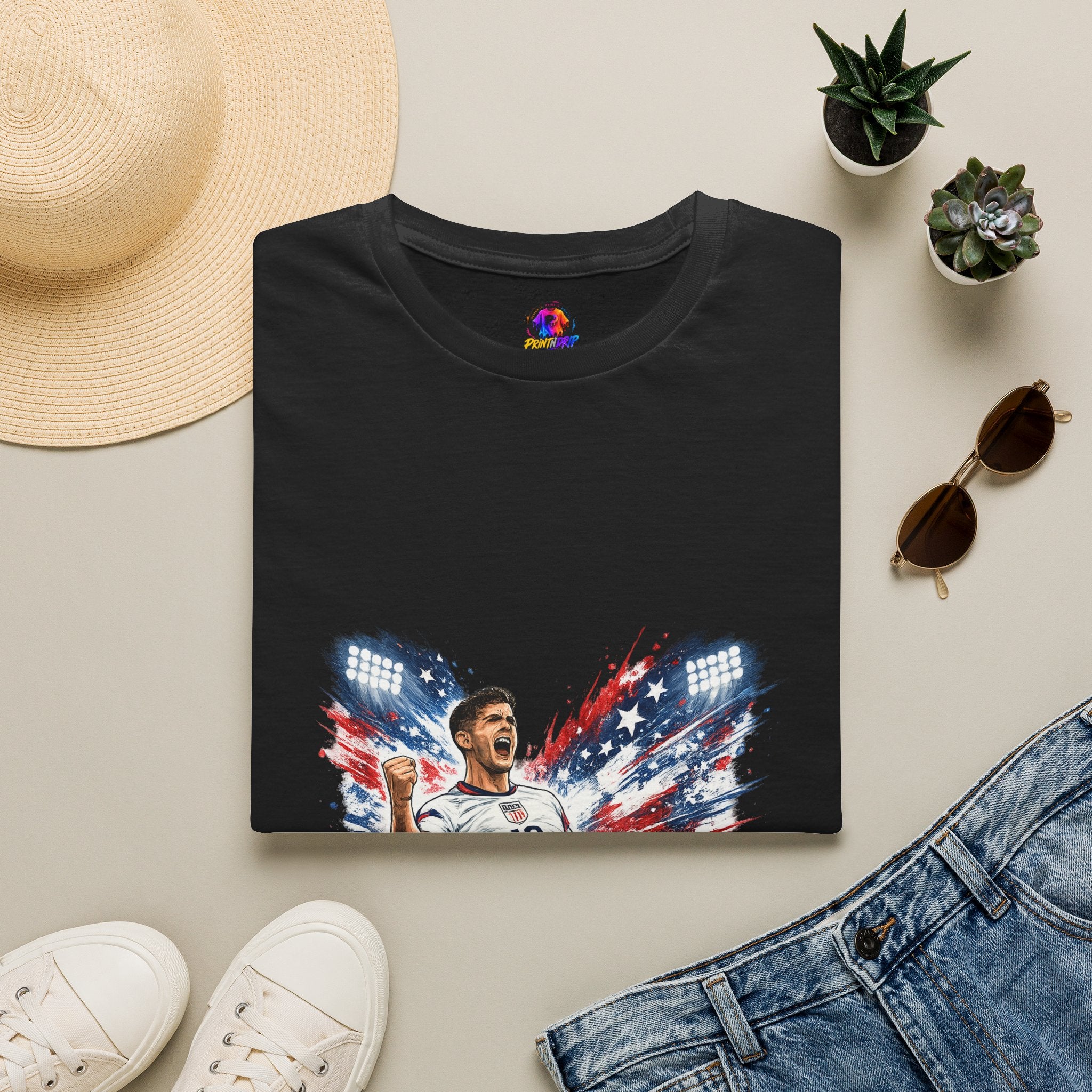 USA Soccer Player Flag T-Shirt — Patriotic Football Fan Tee