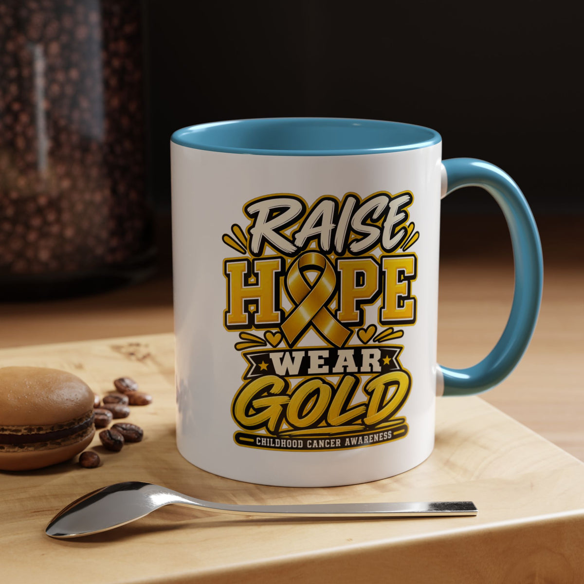 Raise Hope Wear Gold Cancer Awareness Coffee Mug (Accent, 11/15oz)