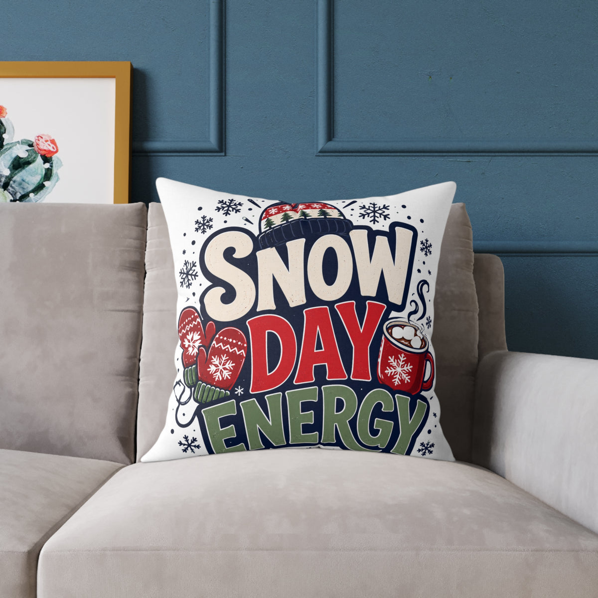 Christmas Snow Day Energy Pillow — Cozy Winter Decorative Throw Pillow with Holiday Mug & Mittens Design
