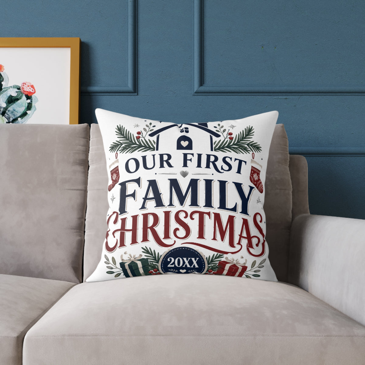 Our First Family Christmas Pillow — Personalized Holiday Decorative Throw Cushion