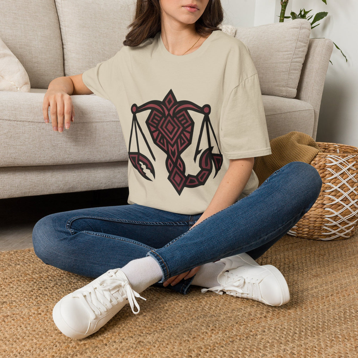 Libra Scales Graphic T‑Shirt — Tribal Zodiac Balance Design