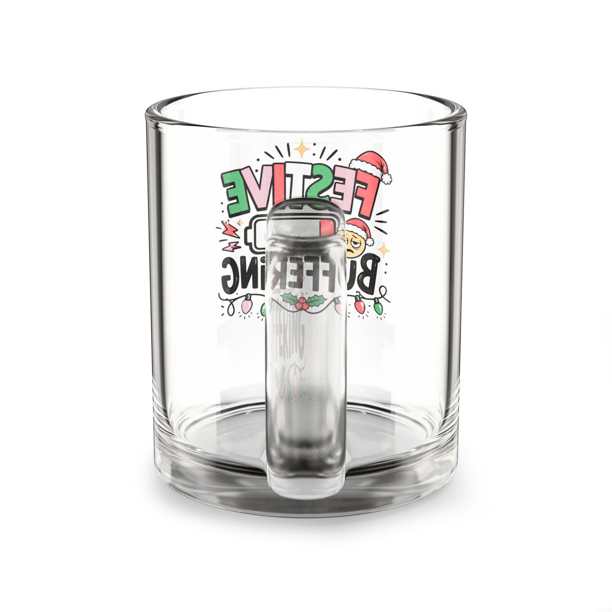 Modern Day Christmas Glass Mug  10oz Festive Buffering Glass Mug — 10oz Holiday Coffee Cup