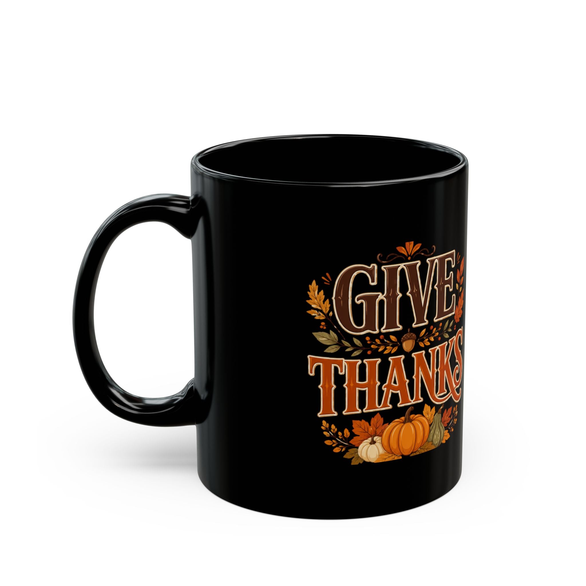 Thanksgiving Black Mug Give Thanks Mug — Thanksgiving Pumpkin & Fall Leaves Coffee Cup