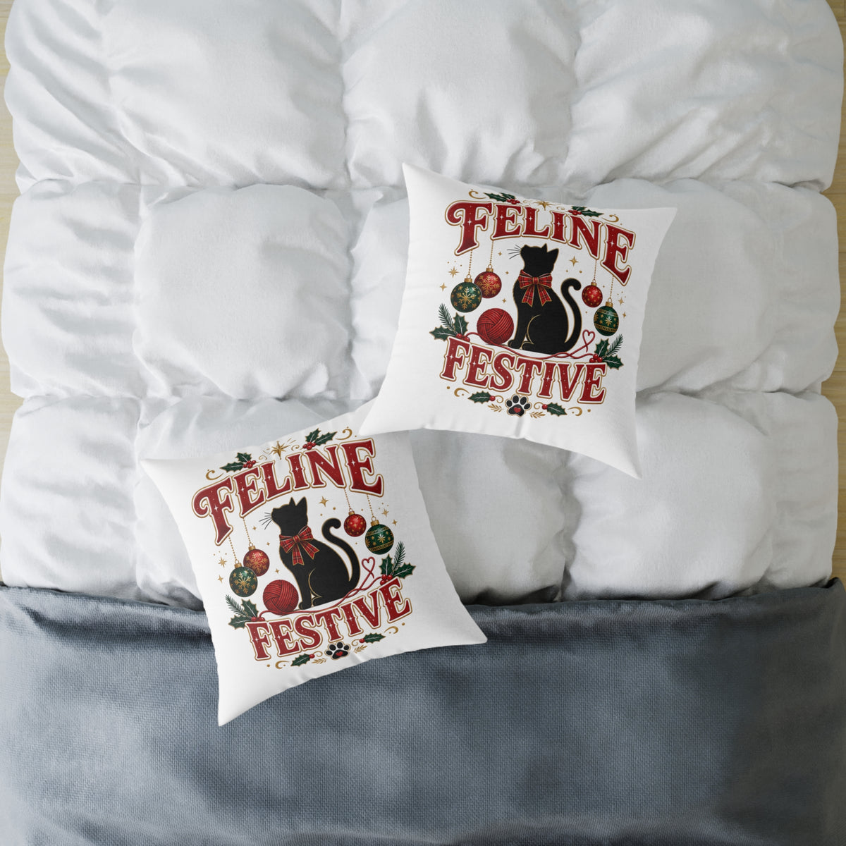 Christmas Feline Festive Square Pillow - Holiday Cat Decor