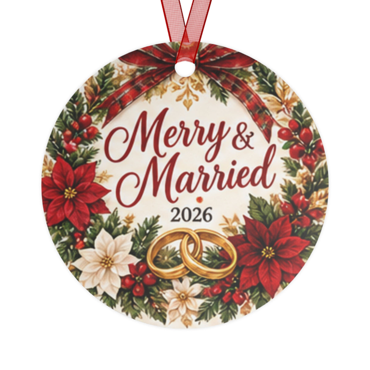 Merry & Married 2026 Metal Ornament — Christmas Wedding Keepsake