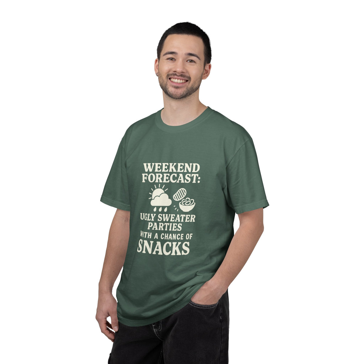 Weekend Forecast T-Shirt — "Ugly Sweater Parties with a Chan of Snacks" Holiday Tee - Trending Now - October 2026
