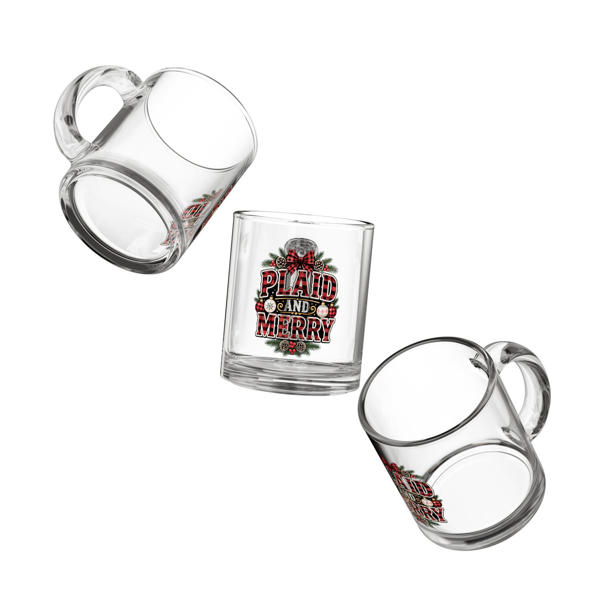 Christmas Glass Mug 10 oz Glass Mug — "Plaid and Merry" Holiday Plaid Christmas Coffee Mug, 10oz
