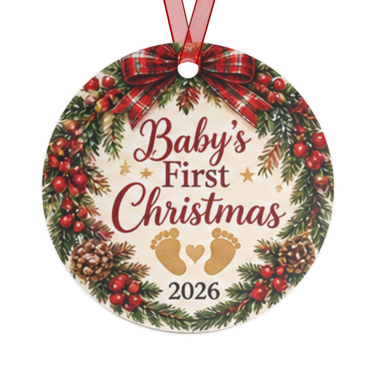 Baby's First Christmas 2026 Metal Ornament — Personalized Newborn Holiday Keepsake