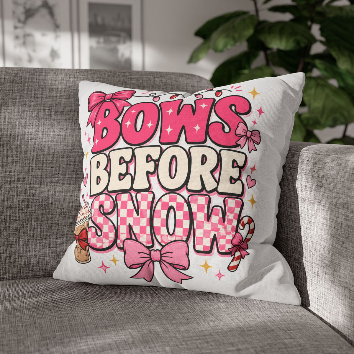 Bows Before Snow Holiday Pillowcase Modern Day Christmas – Pink Christmas Decorative Throw Pillow Cover