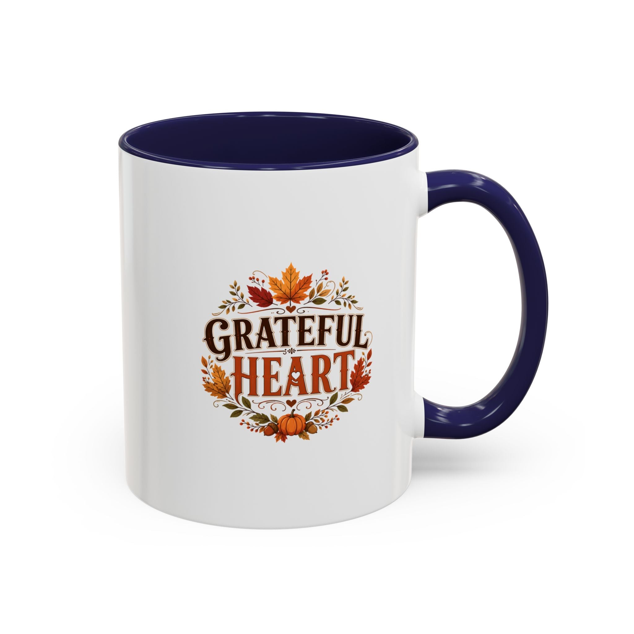 Thanksgiving Mug Grateful Heart Coffee Mug — Fall Leaves Pumpkin Accent Mug
