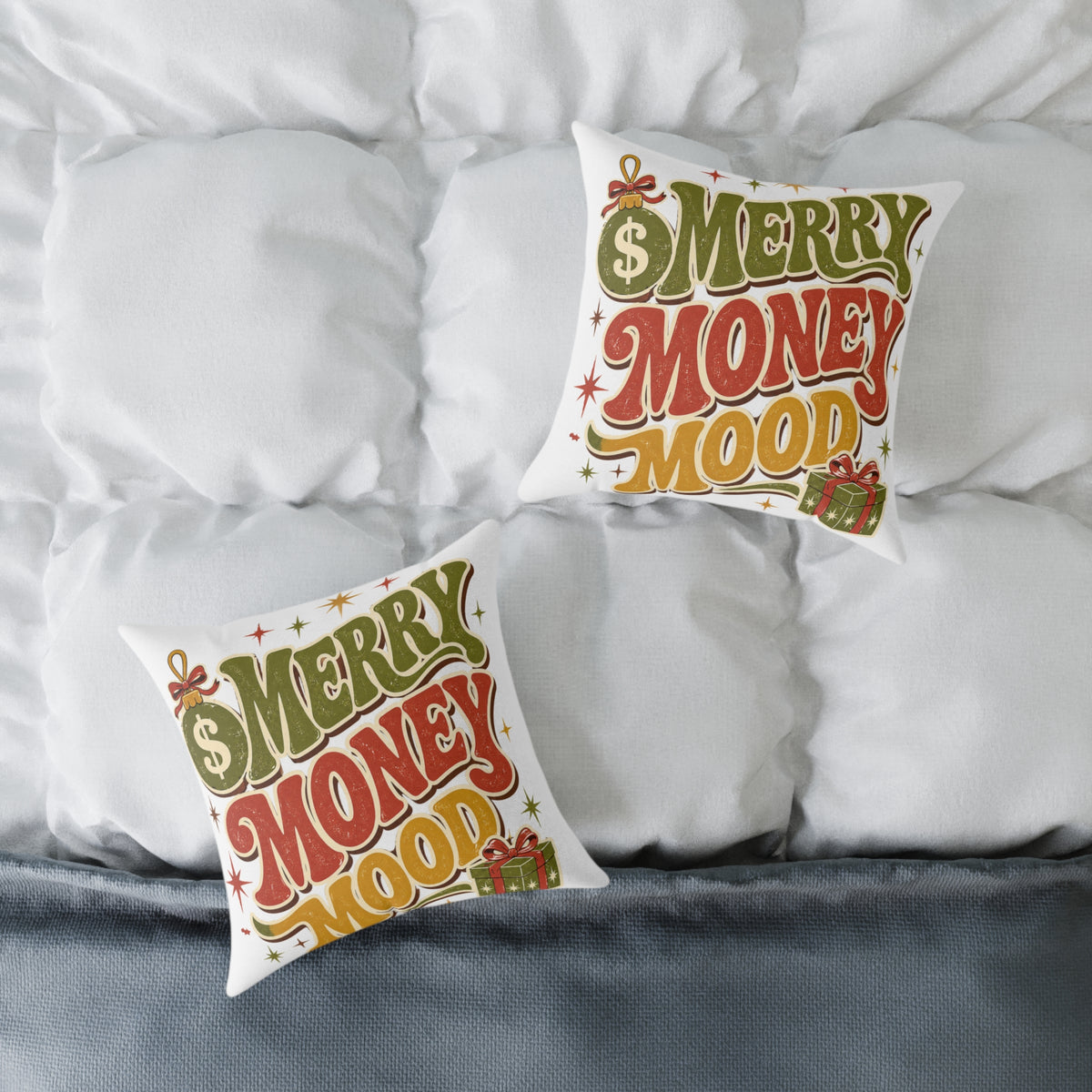 Modern Day Christmas Merry Money Mood Pillow — Festive Retro Holiday Throw Pillow