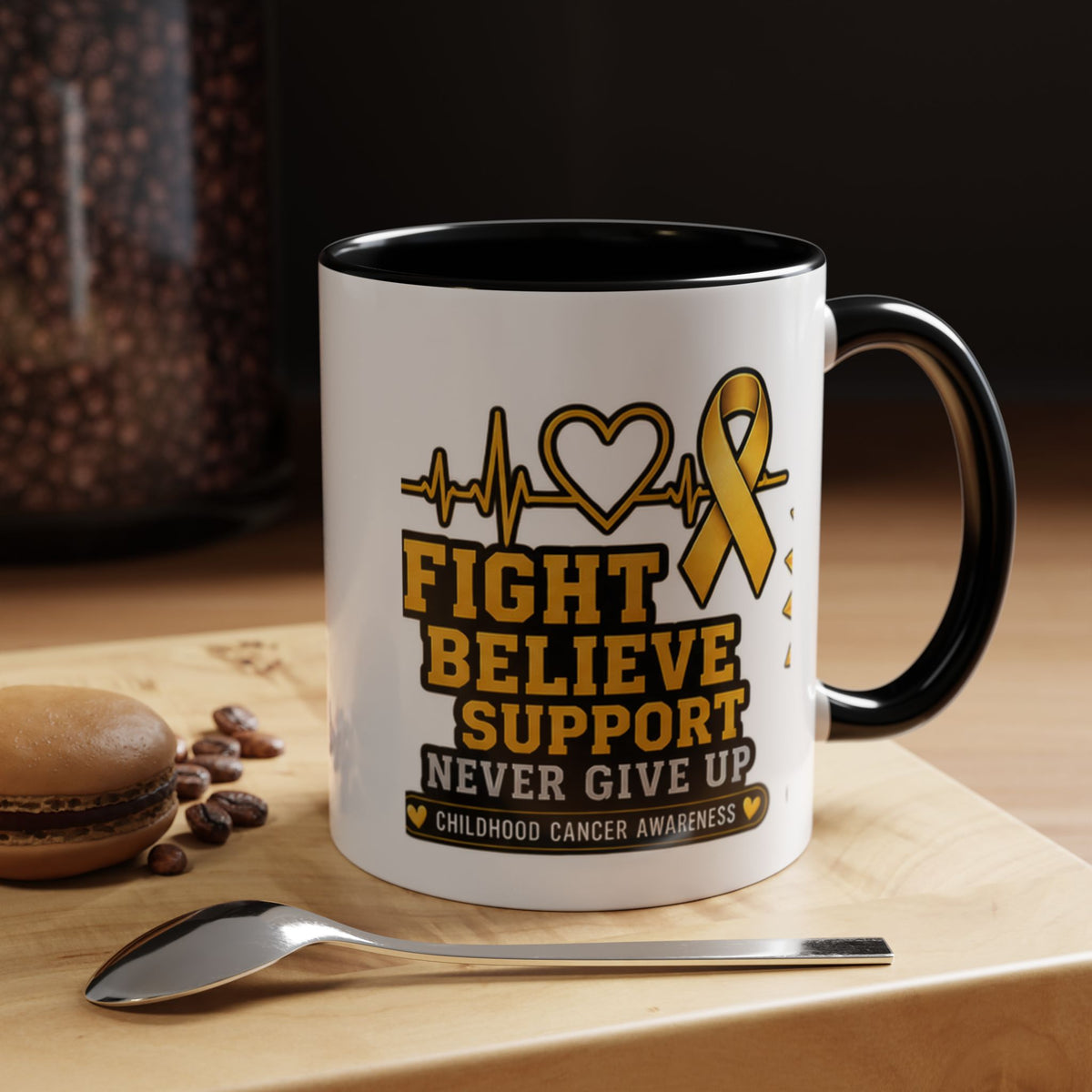 Childhood Cancer Awareness Accent Coffee Mug — "Fight Believe Support" 11/15oz
