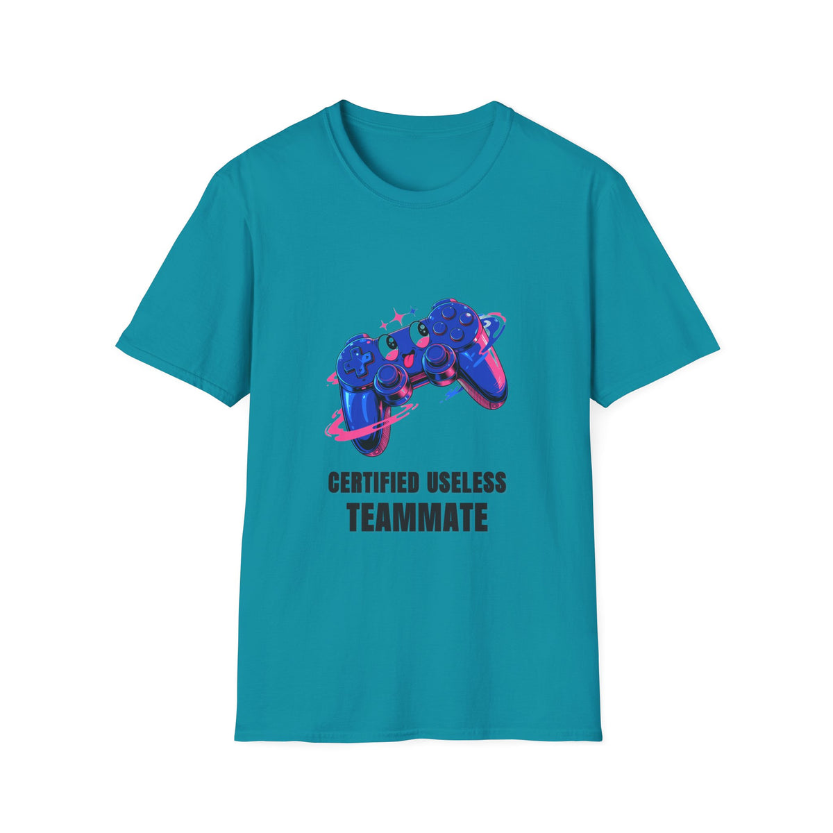 Certified Useless Teammate Gamer T-Shirt — Retro Neon Gamepad Tee - Trending Now - August 2026