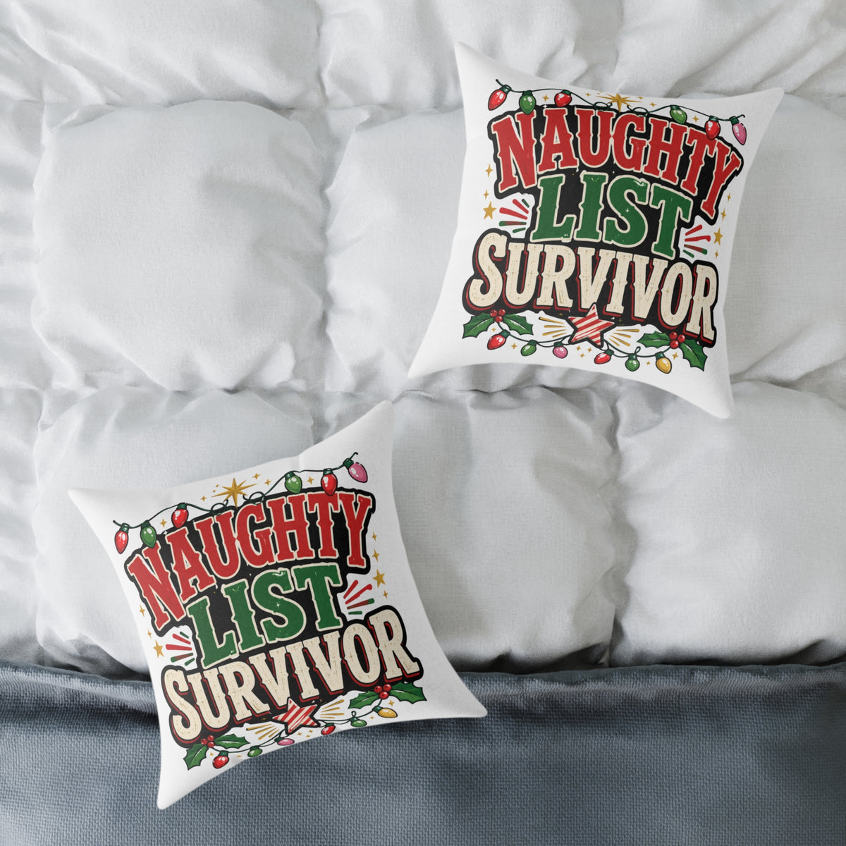 Christmas Square Pillow - "Naughty List Survivor" Christmas Holiday Decorative Throw Pillow