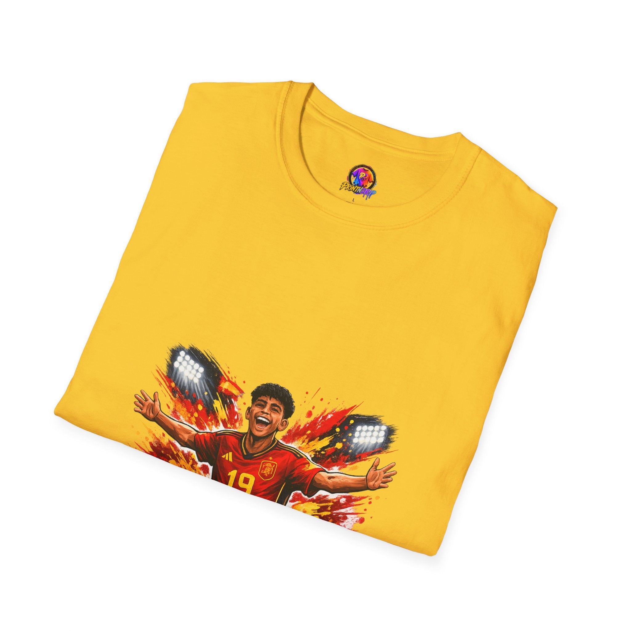 Spain Soccer Fan Portrait T‑Shirt – Fiery Goal Celebration Design