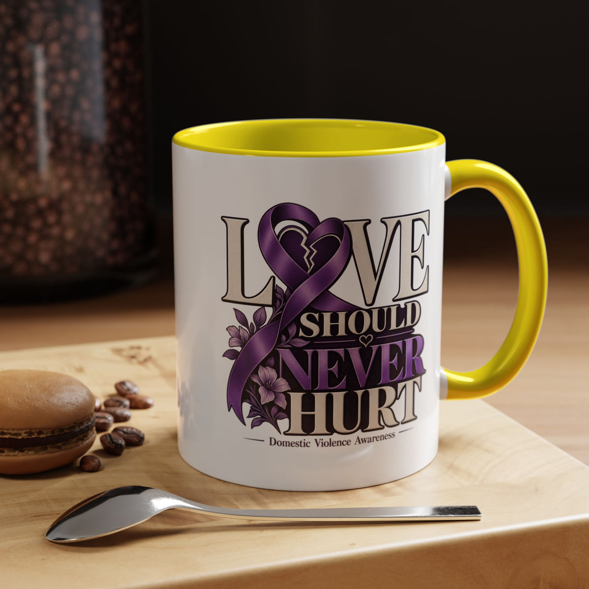 Domestic Violence Awareness Accent Coffee Mug – "Love Should Never Hurt" (11/15oz)