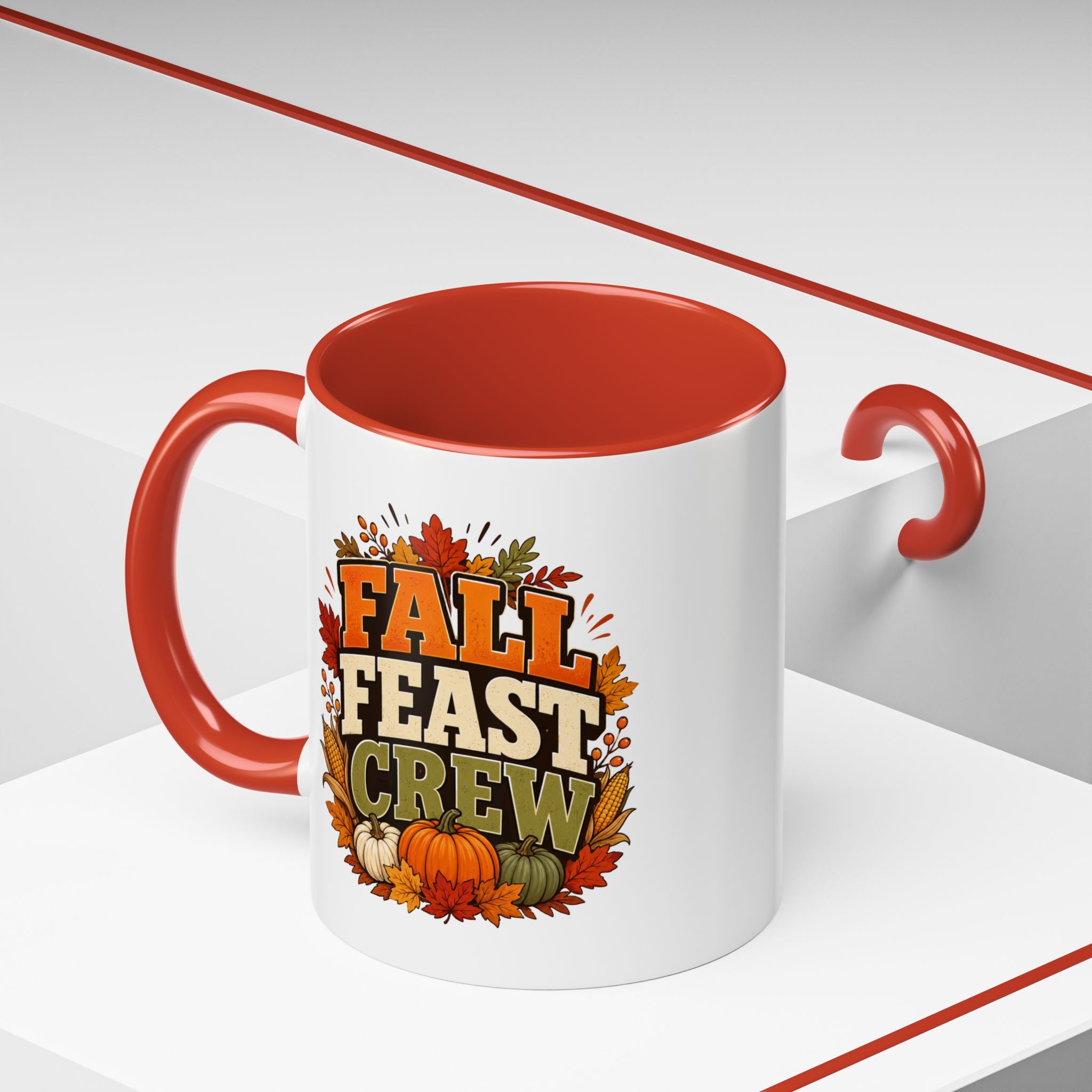 Thanksgiving Mug Fall Feast Crew Coffee Mug — Thanksgiving Pumpkin Autumn Leaves Accent Mug