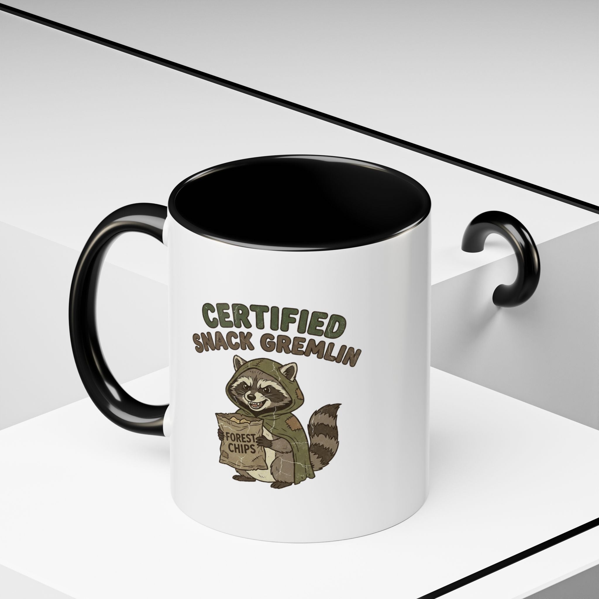 Funny Certified Snack Gremlin Coffee Mug — Cute Raccoon Snack Lover Accent Mug