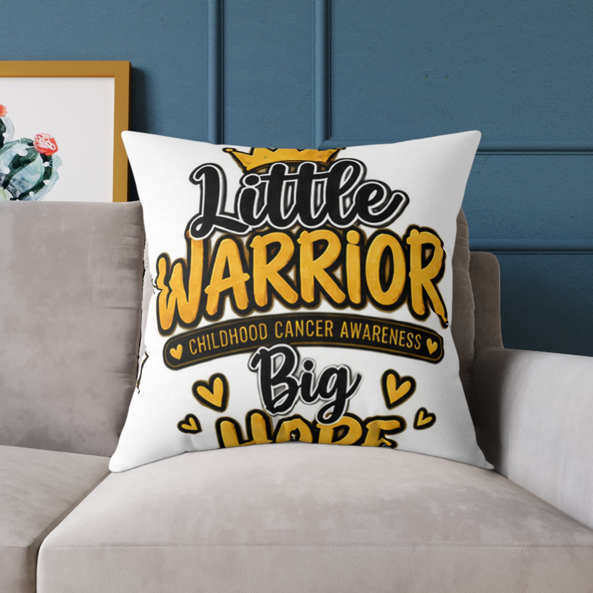 Little Warrior Childhood Cancer Awareness Pillow — Square Poly Canvas Throw Pillow