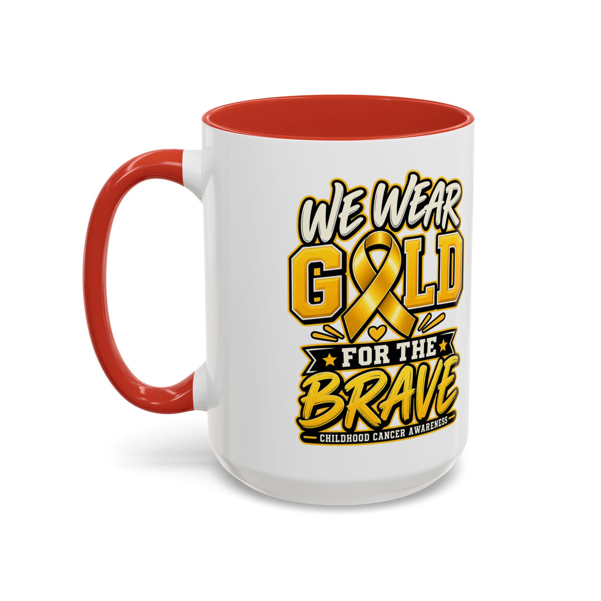 Childhood Cancer Awareness Accent Coffee Mug – "We Wear Gold for the Brave" (11/15 oz)